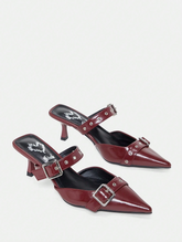 Buckle Decor Burgundy High Heel Pumps